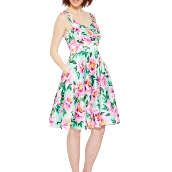 Modcloth Elegance My Way Fit & Flare Swing Dress -Pink Green Floral Print- Large - Picture 5 of 10